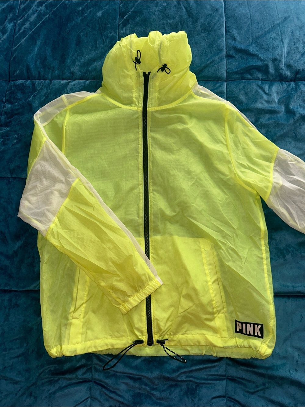 PINK Victoria's Secret Neon Yellow Hooded Windbreaker with White Sleeve Panels